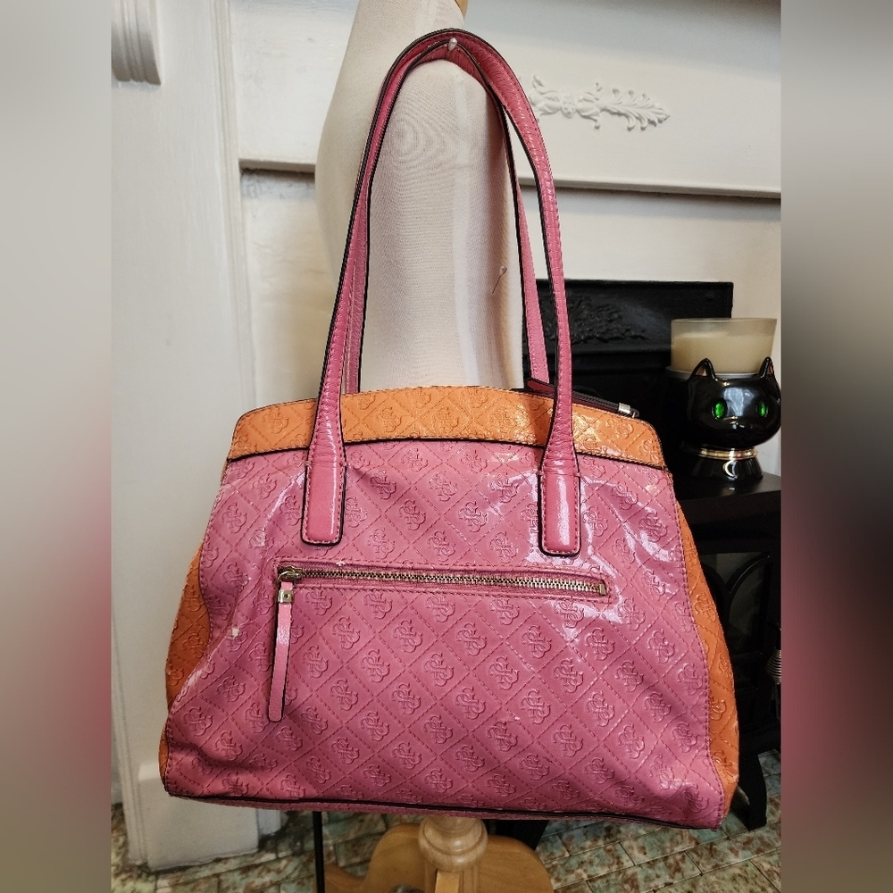 Guess Patchwork Satchel Tote Bag Pink Orange Quilted Logo - Picture 2 of 16
